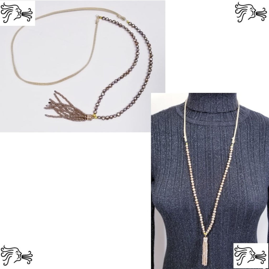 Taupe Brown Freshwater Pearl & Suede Necklace